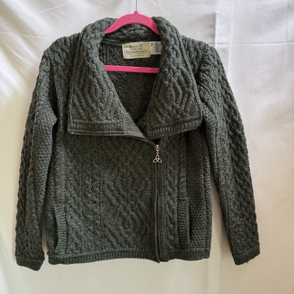 Aran Sweater Market Cardigan Thick Cable Fisherman Merino Wool Made Ireland M